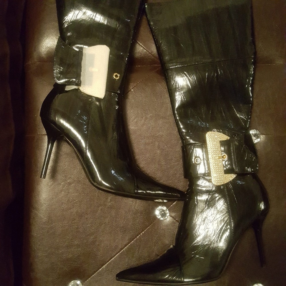 Women's dressy knee length 4inch black patent boot